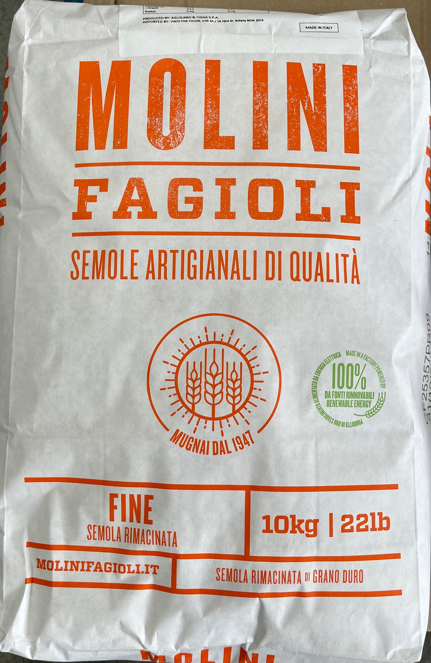 Molini Fagioli "Semola Rimacinata" Fine 10kg (AGUGIARO)